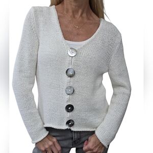 Pure Handknit Cardigan S/M Cream Chunky Knit Shell Buttons Coastal Grandma